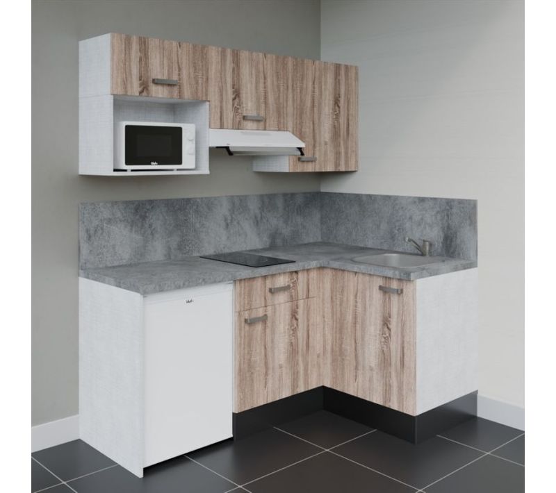 Kitchenette Ka03 - Façades : Bois - Plan Travail : Gris Béton - Crédences : Oui - électro : Blanc