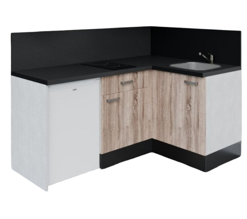 Kitchenette Ka03 - Façades : Bois - Plan Travail : Noir Texturé - Crédences : Oui - électro : Blanc