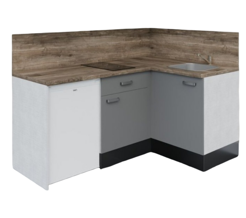 Kitchenette Ka03 - Façades : Gris - Plan Travail : Bois - Crédences : Oui - Électro : Blanc
