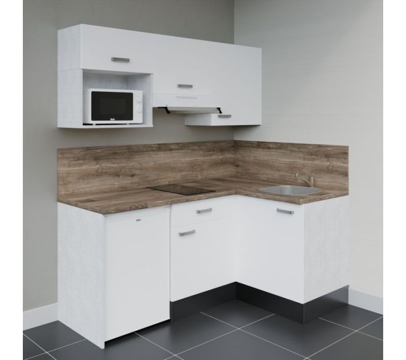 Kitchenette Ka03 - Façades : Blanc - Plan Travail : Bois - Crédences : Oui - Électro : Blanc