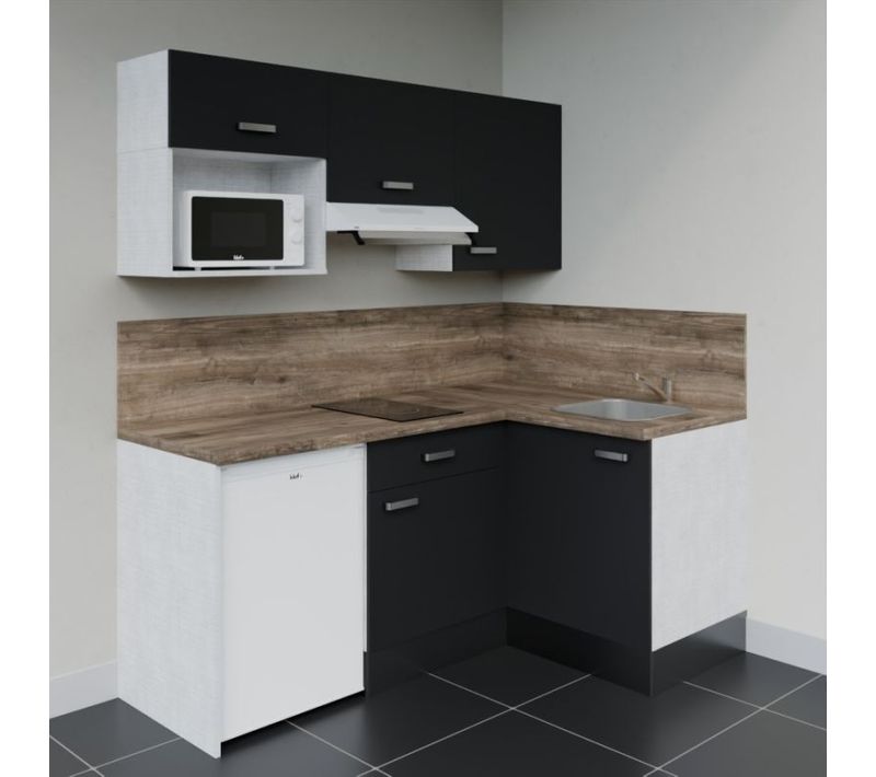 Kitchenette Ka03 - Façades : Noir - Plan Travail : Bois - Crédences : Oui - électro : Blanc