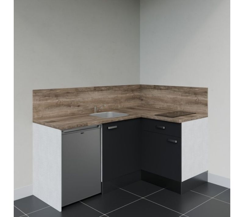 Kitchenette Ka01 - Façades : Noir - Plan Travail : Bois - Crédences : Oui - électro : Inox