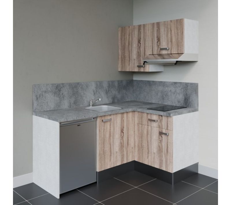 Kitchenette Ka02 - Façades : Bois - Plan Travail : Gris Béton - Crédences : Oui - électro : Inox