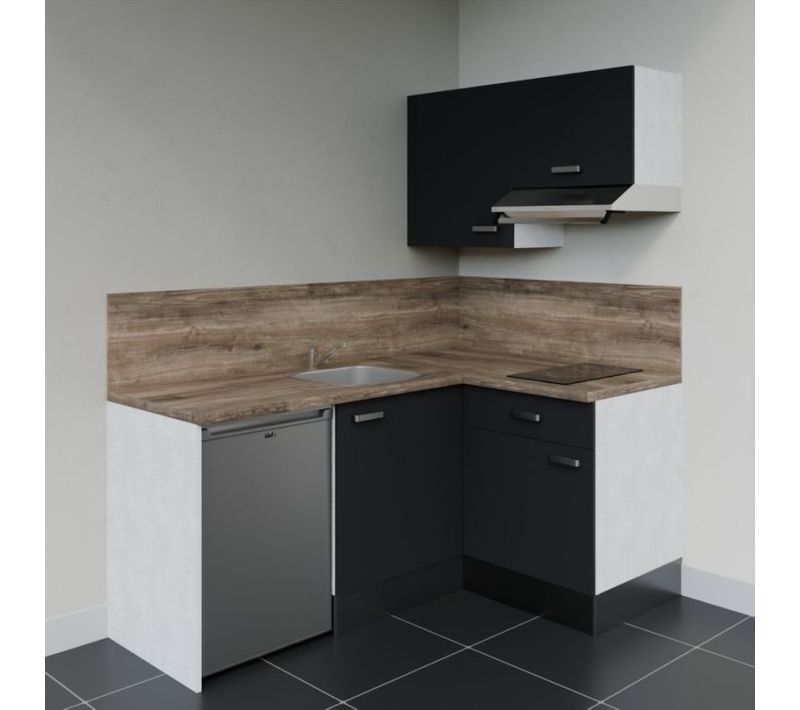 Kitchenette Ka02 - Façades : Noir - Plan Travail : Bois - Crédences : Oui - électro : Inox