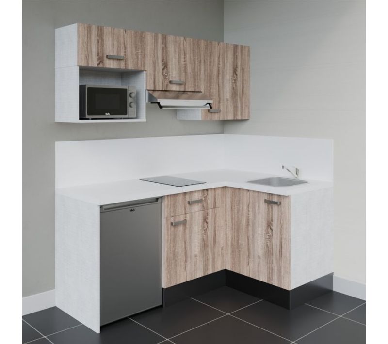 Kitchenette Ka03 - Façades : Bois - Plan Travail : Blanc - Crédences : Oui - électro : Inox
