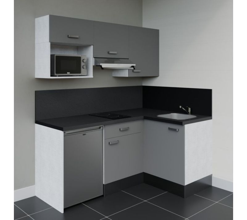Kitchenette Ka03 - Façades : Gris - Plan Travail : Noir Texturé - Crédences : Oui - électro : Inox