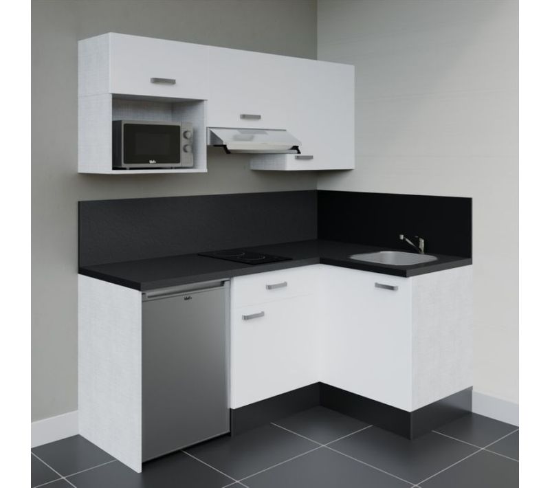 Kitchenette Ka03 - Façades : Blanc - Plan Travail : Noir Texturé - Crédences : Oui - Électro : Inox