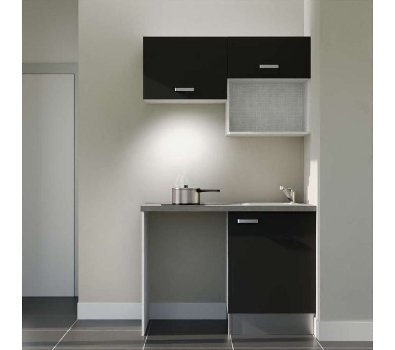 Kitchenette K02 - Noir - Plan Stratifié Gris Béton - Crédences : Non - Evier Inox