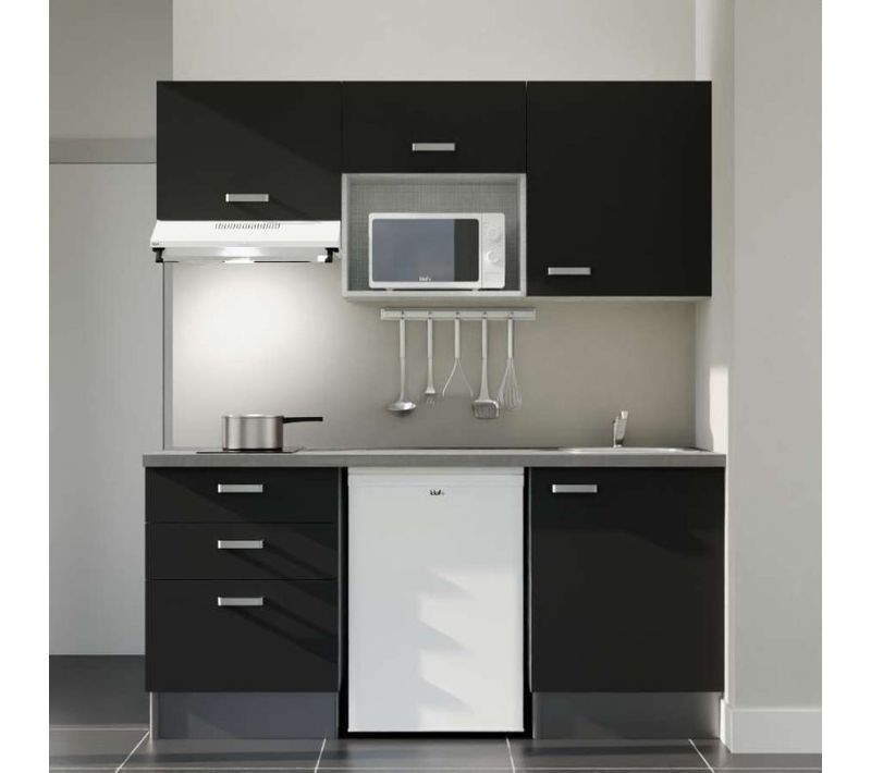 Kitchenette K20 - Noir - Plan Stratifié Gris - Crédences : Non - Evier
