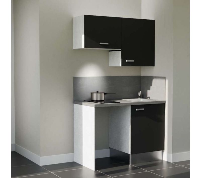 Kitchenette K01 - Noir - Plan Stratifié Gris Béton - Crédences : Oui - Evier Inox