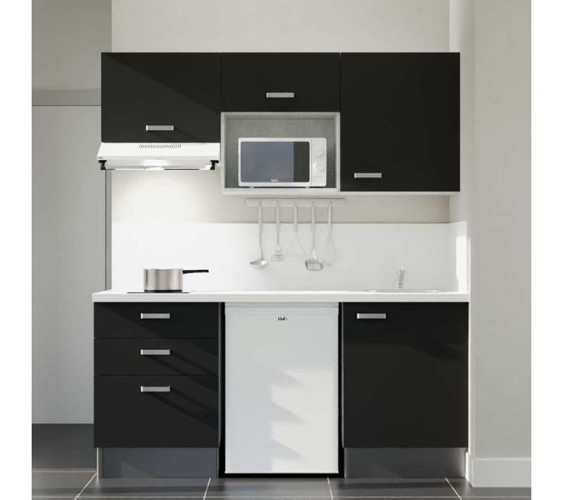 Kitchenette K20 - Noir - Plan Stratifié Blanc - Crédences : Oui - Evier