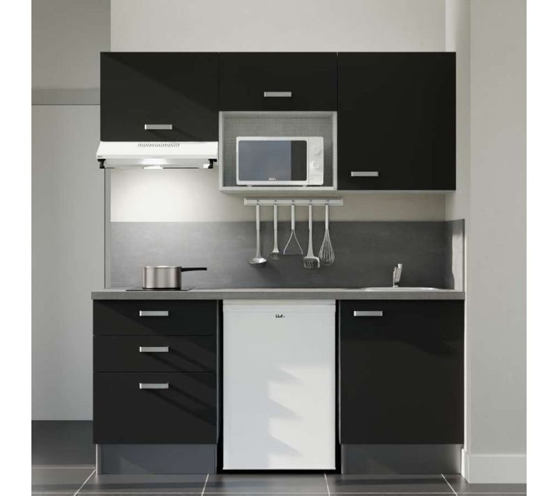 Kitchenette K20 - Noir - Plan Stratifié Gris - Crédences : Oui - Evier
