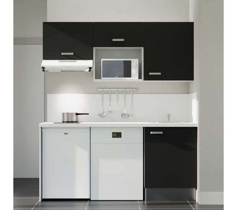 Kitchenette K55 - Noir - Plan Stratifié Blanc - Crédences : Oui - Evier