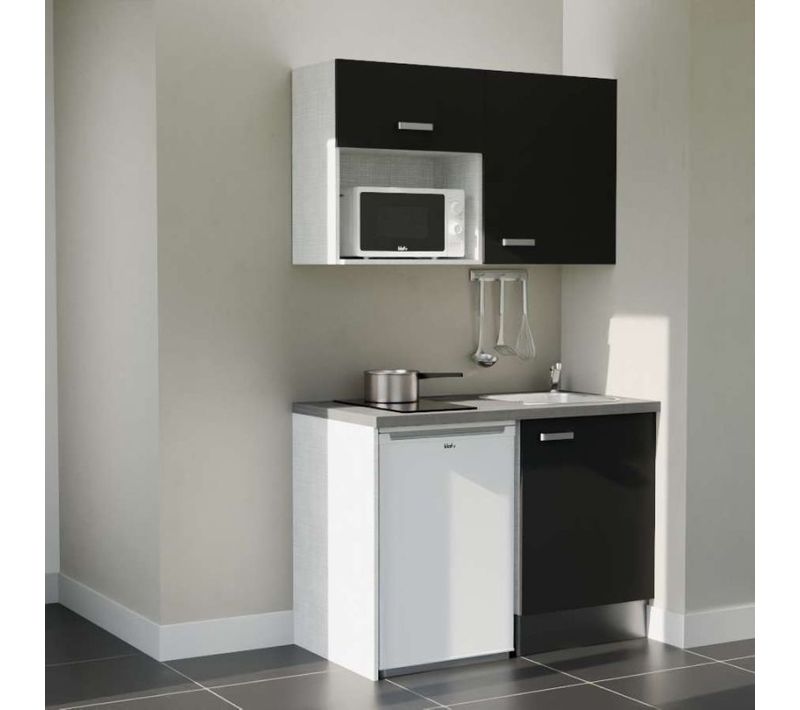 Kitchenette K07l-pt - 120 Cm-façade Noir-plan Gris Béton-evier Inox-crédences Non+electro Blanc