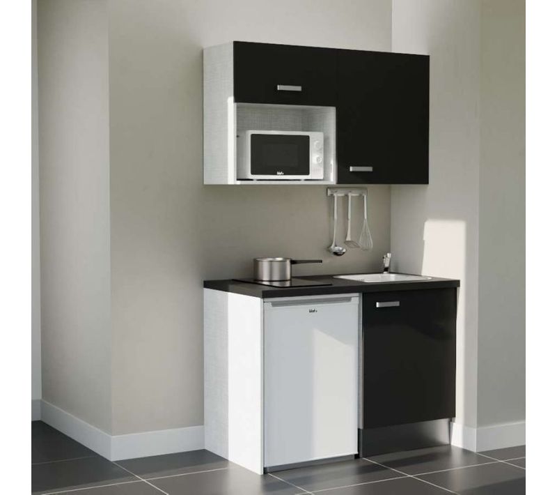 Kitchenette K07l-pt - 120 Cm-façade Noir-plan Noir Texturé-evier Inox-crédences Non+electro Blanc