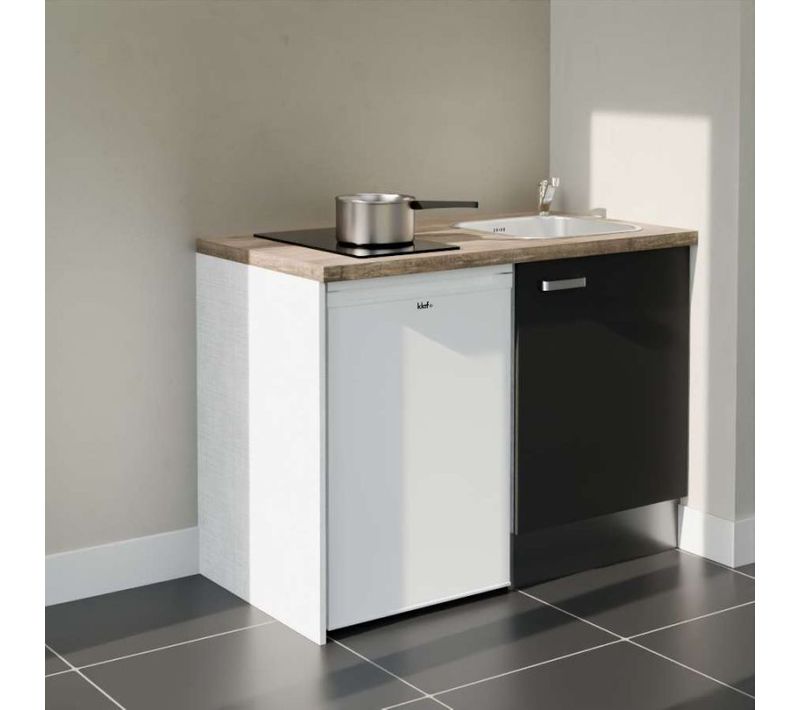 Kitchenette K08 - Façades : Noir - Plan Travail : Bois - Crédences : Non - électro : Blanc