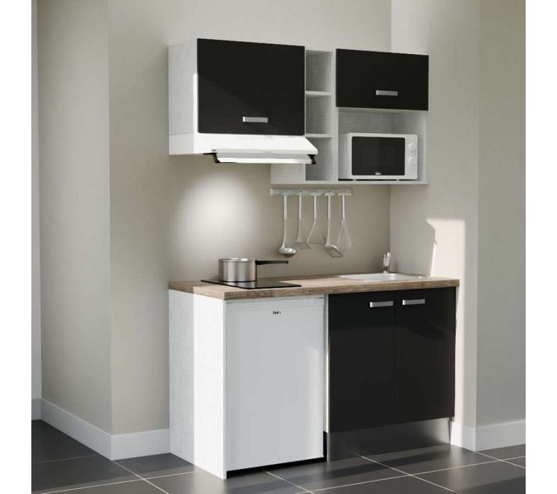 Kitchenette K13 - Façades : Noir - Plan Travail : Bois - Crédences : Non - électro : Blanc