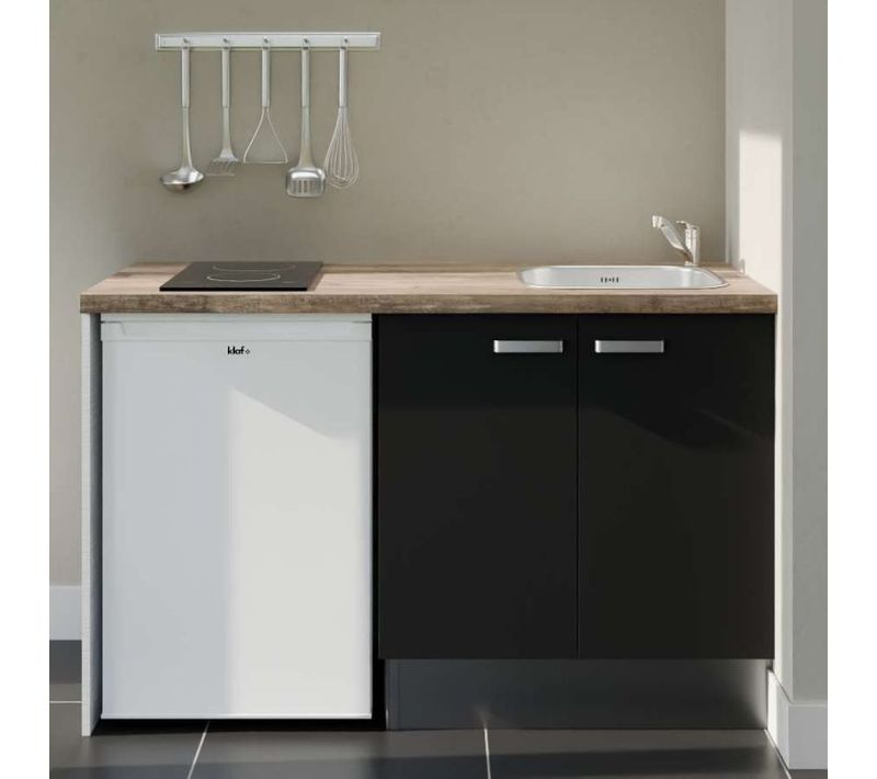 Kitchenette K17 - Façades : Noir - Plan Travail : Bois - Crédences : Non - électro : Blanc
