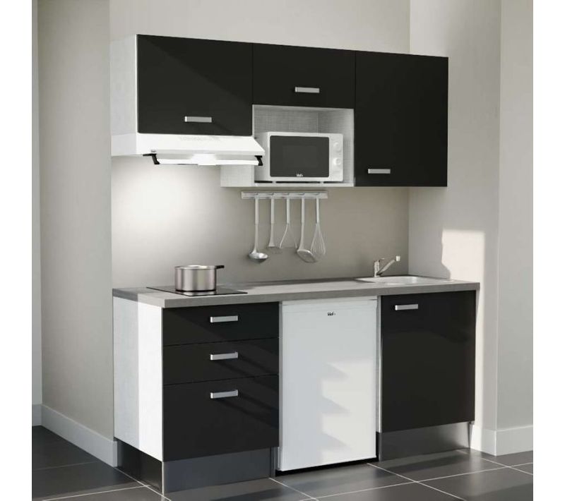 Kitchenette K20 - Façades : Noir - Plan Travail : Gris Béton - Crédences : Non - électro : Blanc