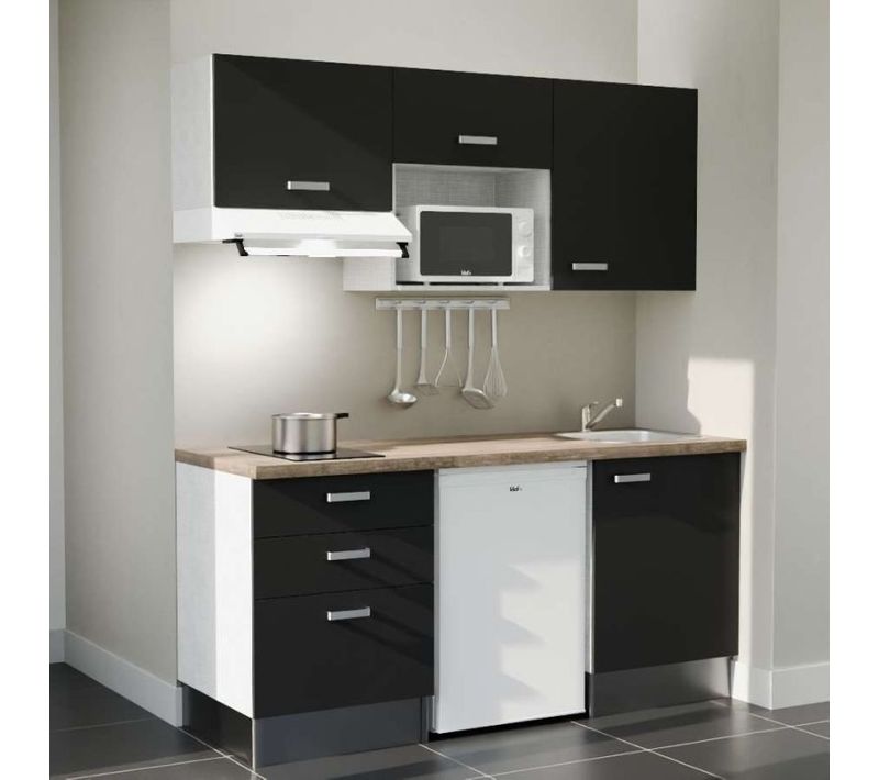 Kitchenette K20 - Façades : Noir - Plan Travail : Bois - Crédences : Non - électro : Blanc