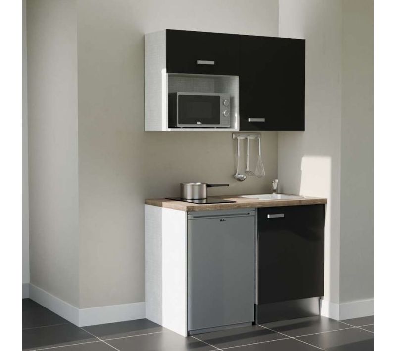 Kitchenette K07 - Façades : Noir - Plan Travail : Bois - Crédences : Non - électro : Inox