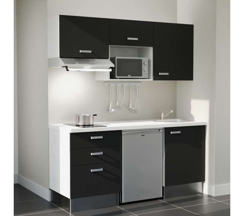 Kitchenette K20 - Façades : Noir - Plan Travail : Blanc - Crédences : Non - électro : Inox