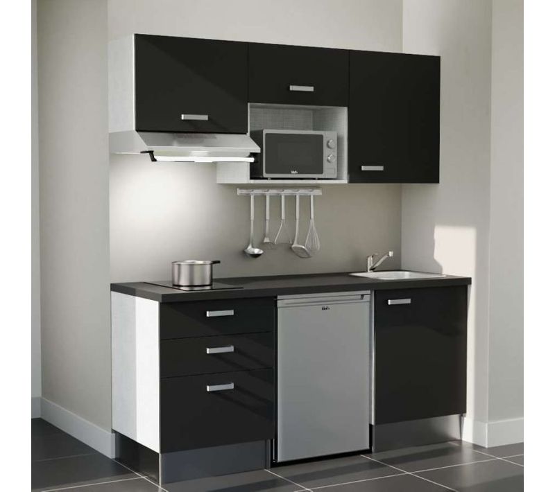 Kitchenette K20l-pt - 180 Cm-façade Noir-plan Noir Texturé-evier Inox-crédences Non+electro Inox
