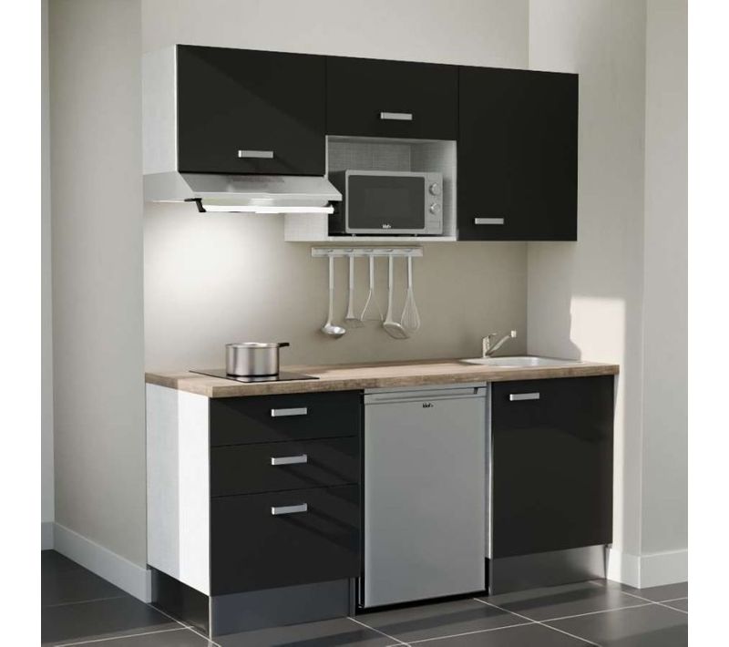 Kitchenette K20 - Façades : Noir - Plan Travail : Bois - Crédences : Non - électro : Inox