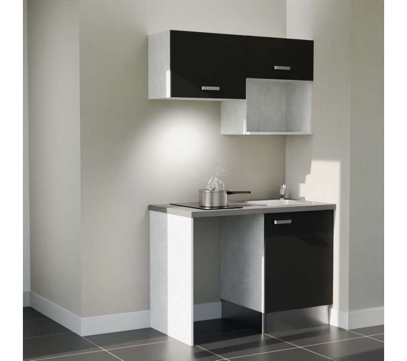 Kitchenette K02 - Noir - Plan Stratifié Gris Béton - Crédences : Non - Evier Noir