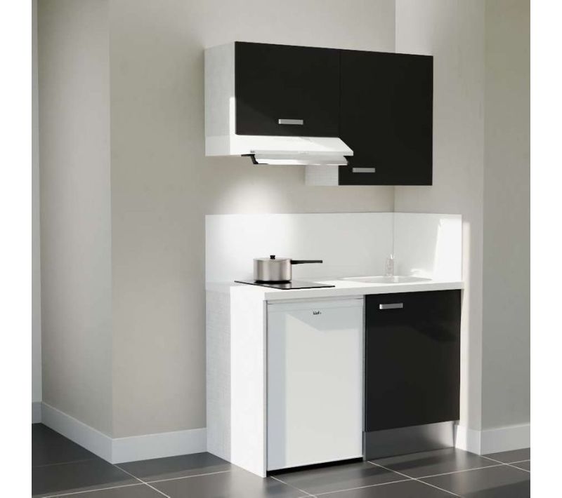 Kitchenette K01l-pt - 120 Cm-façade Noir-plan Blanc-evier Inox-crédences Oui+electro Blanc