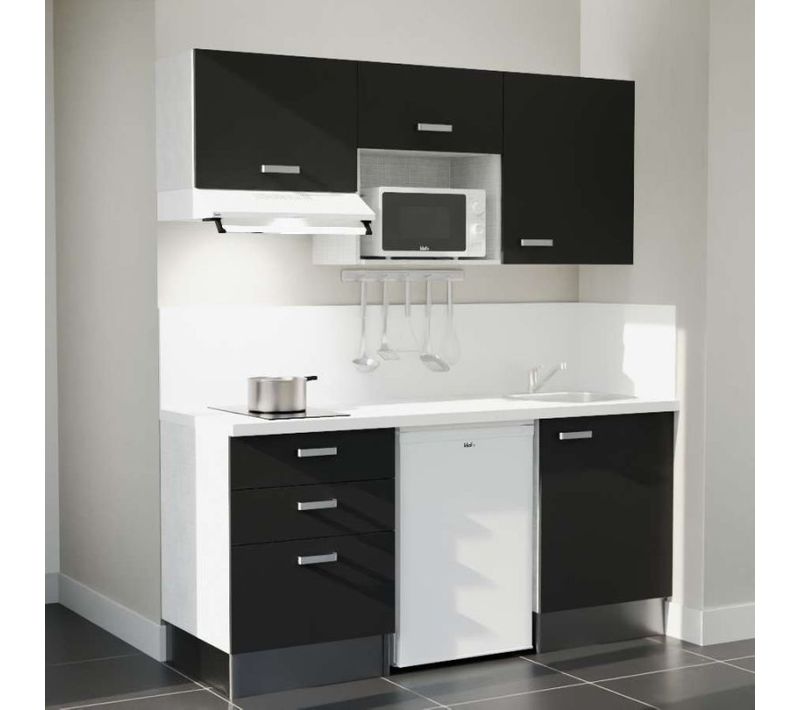 Kitchenette K20 - Façades : Noir - Plan Travail : Blanc - Crédences : Oui - électro : Blanc