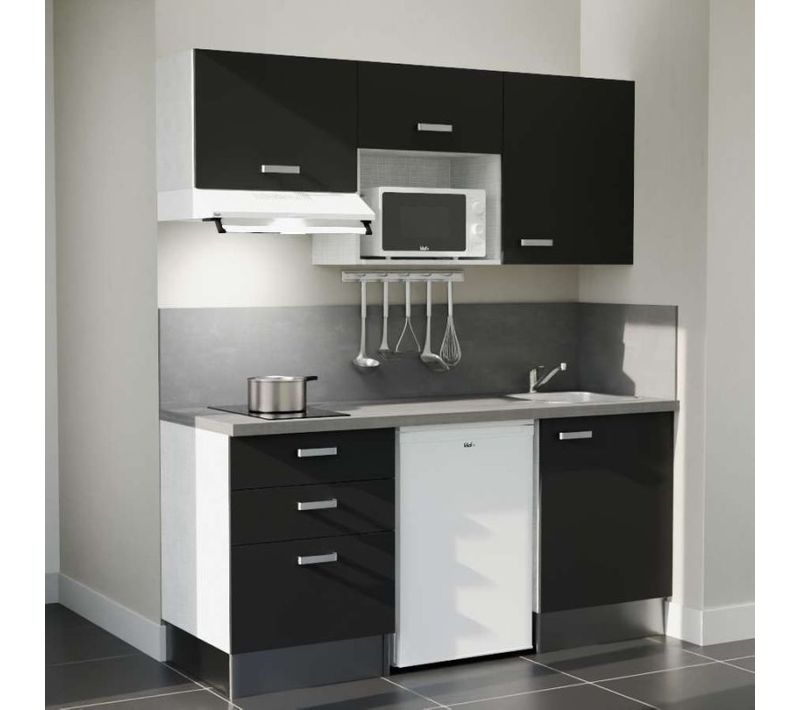 Kitchenette K20 - Façades : Noir - Plan Travail : Gris Béton - Crédences : Oui - électro : Blanc