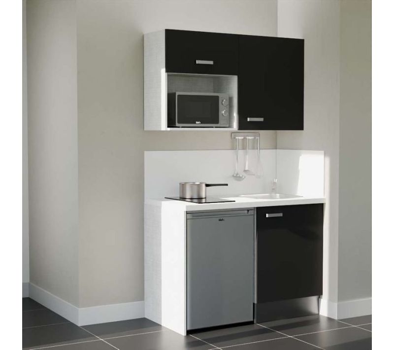 Kitchenette K07 - Façades : Noir - Plan Travail : Blanc - Crédences : Oui - électro : Inox