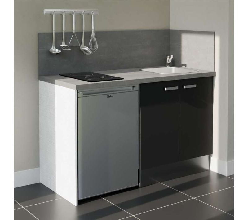 Kitchenette K17l-pt - 140 Cm-façade Noir-plan Gris Béton-evier Inox-crédences Oui+electro Inox