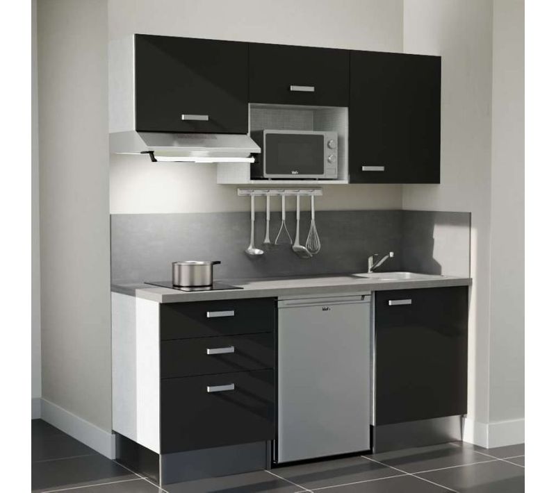 Kitchenette K20 - Façades : Noir - Plan Travail : Gris Béton - Crédences : Oui - électro : Inox