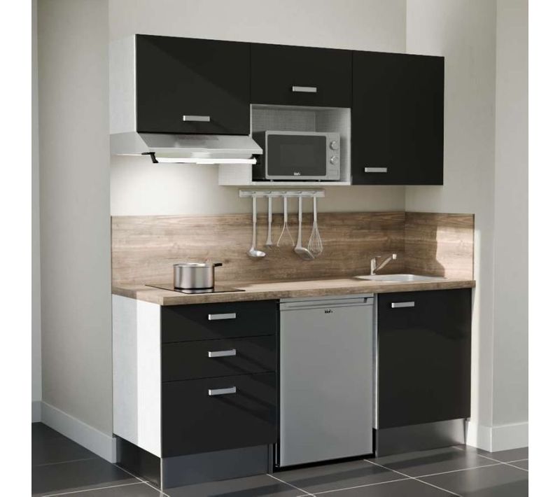 Kitchenette K20 - Façades : Noir - Plan Travail : Bois - Crédences : Oui - électro : Inox