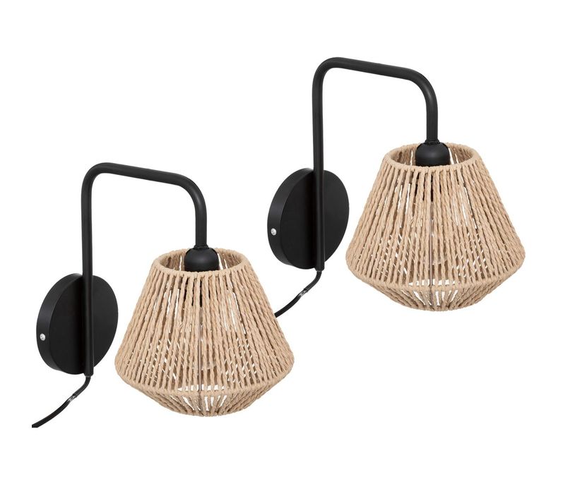 Lot De 2 Appliques Murales En Métal Noir Et Corde Beige H 25.5 Cm