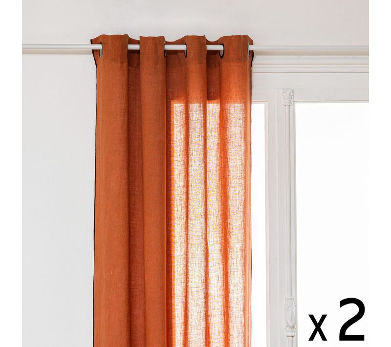 Lot De 2 Rideaux à Oeillets En Lin Terracotta Avec Surpiqûre Noire 130 X 260 Cm