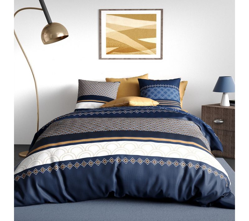 Parure De Lit Kalypso Bleue, Blanc Et Ocre - Housse De Couette 220x240 Cm + 2 Taies 100% Coton 57