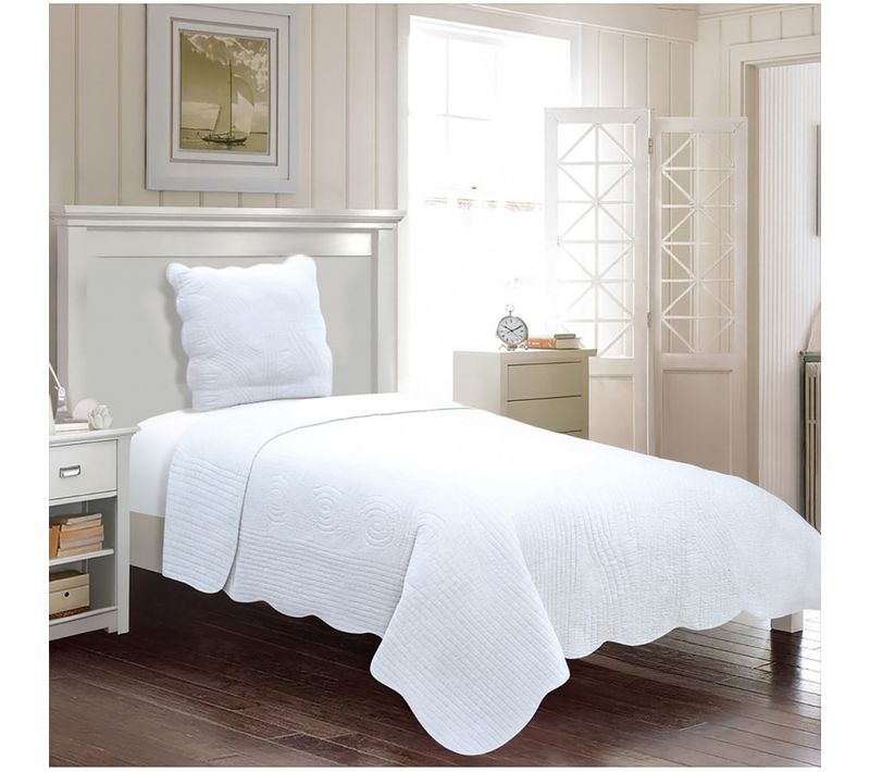Couvre Lit Blanc 1 Personne 180x240 Cm + 1 Taie 100% Coton - Boutis Lit Simple Ou Jeté De Canapé