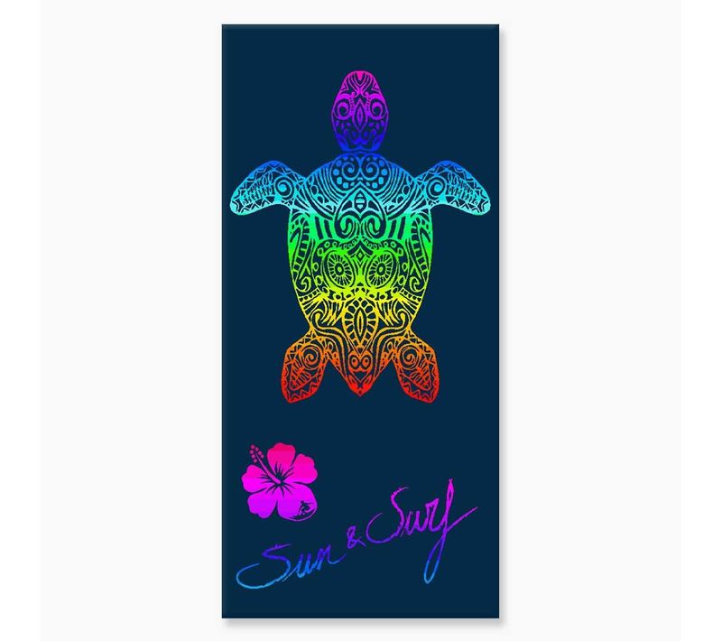 Serviette De Plage Tortue Multicolore Sur Fond Bleu 90x170 Cm - 100 A% Coton égyptien, Confort
