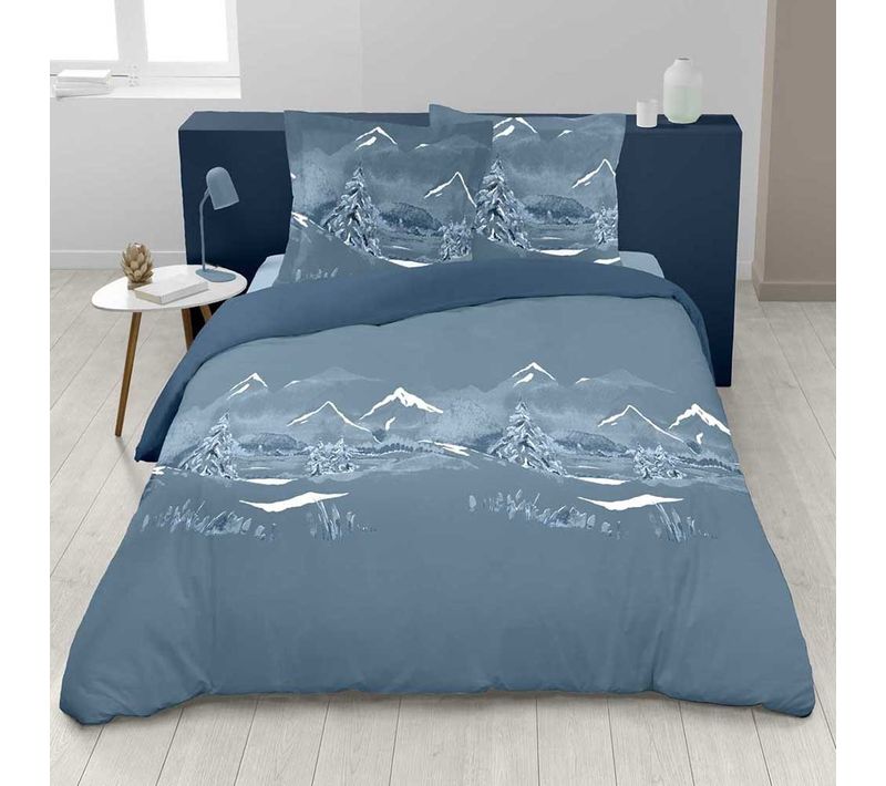 Housse De Couette 260x240 Bleue + Taies Esprit Montagne Pur Coton - Nuit Des Alpes
