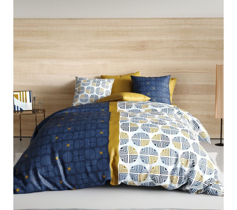 Housse De Couette 220x240 Cm Sirius 100% Coton + 2 Taies - Motifs Géométriques Modernes Bleu Nuit,