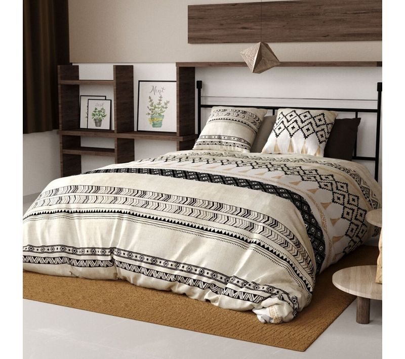 Housse De Couette Boheme Avec Deux Taies D'oreiller Pur Coton 57 Fils/cm² - Style Ethnique Noir Et
