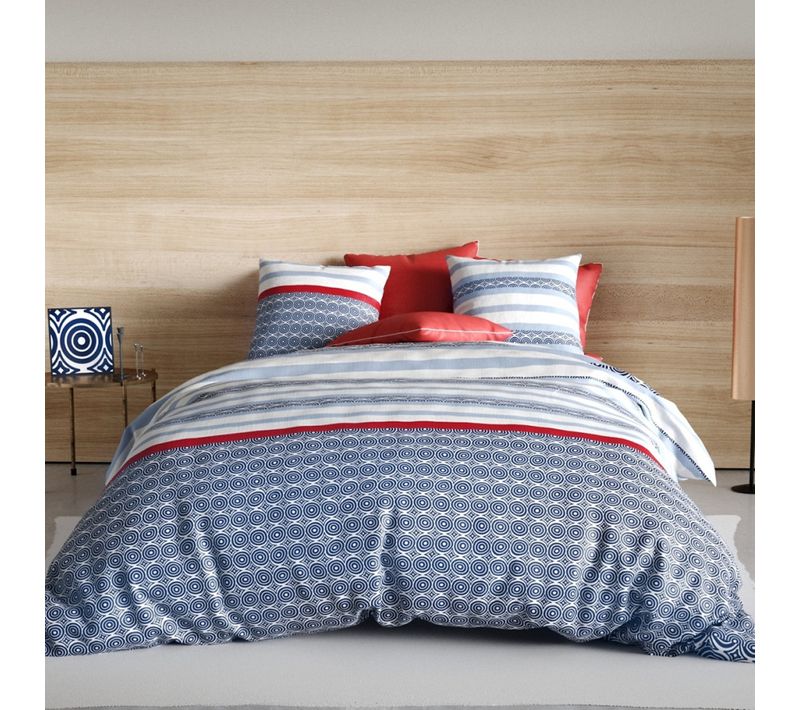 Housse De Couette 220x240 Cm Santorini + Taies 100% Coton 57 Fils - Style Maritime Bleu Marine Et