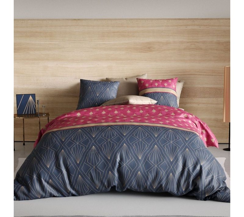 Housse De Couette 220x240 Cm Lily + 2 Taies - Pur Coton 57 Fils - Dessins Géométriques Fuchsia,