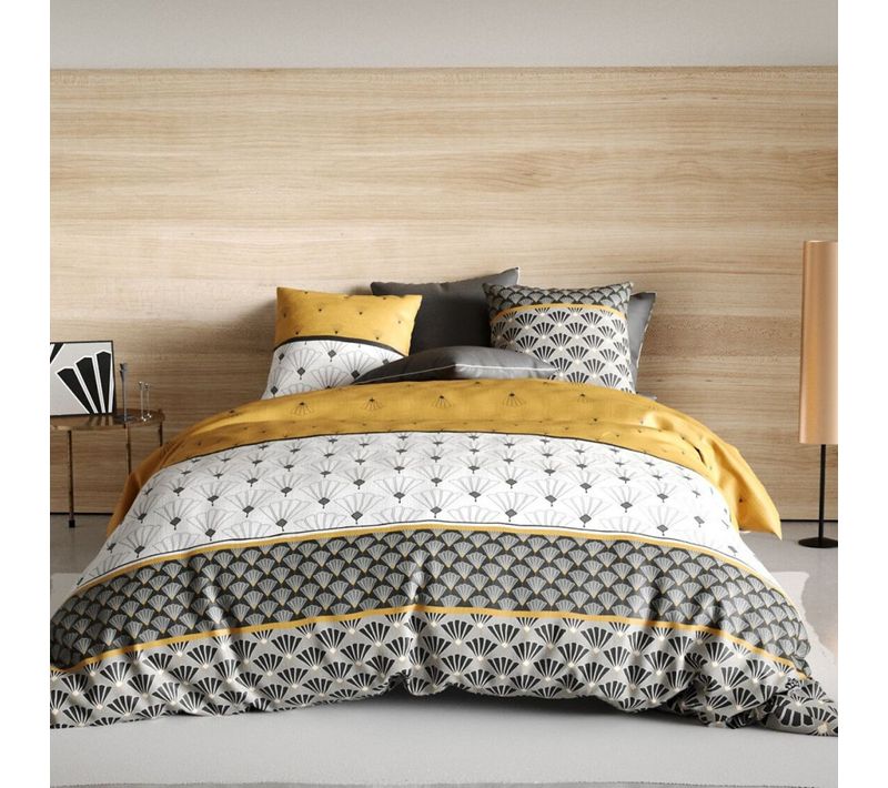 Housse De Couette 220x240 Cm Léo + Taies - Design Art Déco Jaune Moutarde Et Gris -100% Coton -