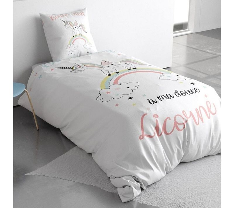 Housse De Couette Majesty Motifs Licorne Et Arc-en-ciel 140x200 Cm + Taie 100% Coton