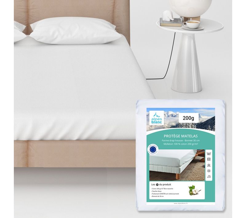 Protège-matelas Molleton 100% Coton 200 G/m² – Grands Bonnets Pour Maintien Parfait, Douceur,