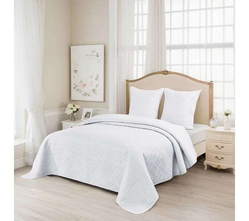 Couvre Lit Matelassé Uni Blanc 230x250 Cm + 2 Taies 65x65 Cm - Boutis 2 Personnes, Confort Et